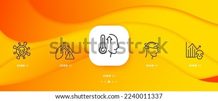 Illness set icon. Lungs, deadly virus, pneumonia, skull, covid, coronavirus, fever, dizziness, rising incidence, temperature. Healthcare concept. Infographic timeline with 5 steps. Vector line icon