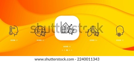 Illness set icon. Thermometer, fever, disease spread, incidence, virus, covid, coronavirus, statistics, lungs, sore throat, cough, pneumonia. Healthcare concept. Infographic timeline with 5 steps