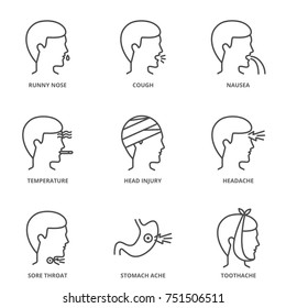 Illness set of vector icons: runny nose, cough, nausea, temperature, head injury, headache, sore throat, stomach ache, toothache