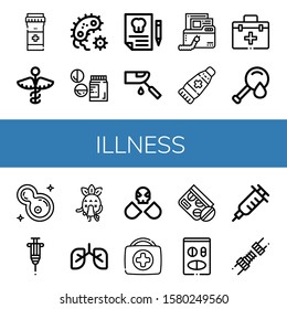 illness simple icons set. Contains such icons as Pills, Medicine, Bacteria, Drugs, Dental insurance, Glucosemeter, Virus, Ointment, First aid kit, can be used for web, mobile and logo
