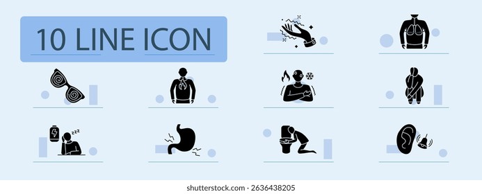 Illness symptom set icon. Blurry vision, nausea, stomach cramp, fatigue, vomiting, chills, ear ringing, sadness, digestion issue, balance problem, overall weakness.