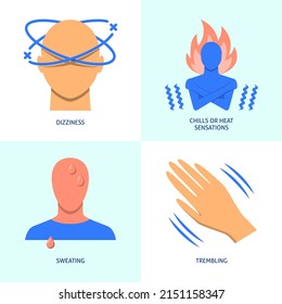 Illness symptoms icon set in flat style. Chills or heat sensations, sweating, dizziness and trembling. Vector illustration.