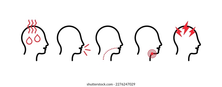 Illness symptoms icons set. Line icons, black, red, various disease symptoms. Vector icons.