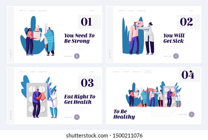 Illness Treatment and Medical Help Website Landing Page Set. Patients Visiting Clinic or Hospital for Doctor Appointment. Sick People Health Care Web Page Banner. Cartoon Flat Vector Illustration