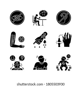 Illness Types Black Glyph Icons Set On White Space. Deafness And Blindness. Student With Dyslexia. Muscular Dystrophy. Bleeding From Hemophilia. Silhouette Symbols. Vector Isolated Illustration