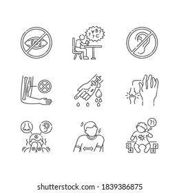 Illness Types Linear Icons Set. Deafness And Blindness. Student With Dyslexia. Muscular Dystrophy. Customizable Thin Line Contour Symbols. Isolated Vector Outline Illustrations. Editable Stroke