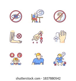 Illness Types RGB Color Icons Set. Deafness And Blindness. Student With Dyslexia. Muscular Dystrophy. Bleeding From Hemophilia. Sensory Hypersensitivity. Isolated Vector Illustrations