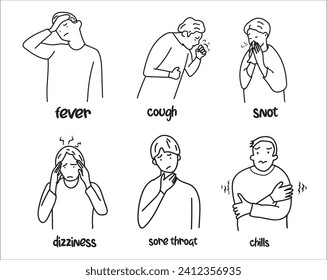 Illness vector icon set. Illness hand drawing vector illustration. Fever, cough, snot, dizziness, sore throat, chills