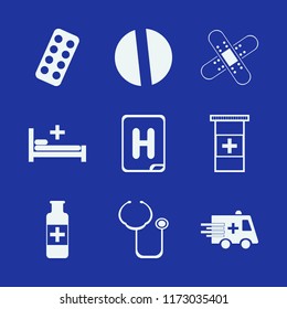 illness vector icons set. with patches medicine, pills bottle, pill and stethoscope in set
