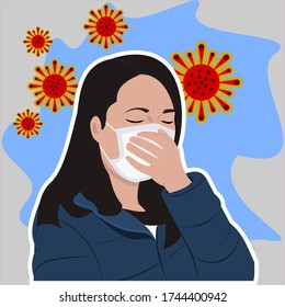 Illness young woman coughing wearing surgical protective mask