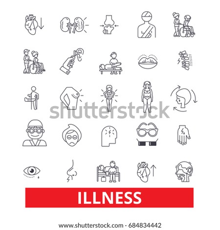 Illness,affliction, ailment, sickness, disease, unwell, unhealthy, breakdown line icons. Editable strokes 