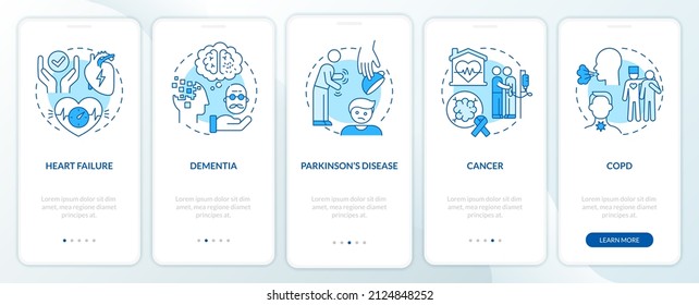 Illnesses to ask for palliative care blue onboarding mobile app screen. Walkthrough 5 steps graphic instructions pages with linear concepts. UI, UX, GUI template. Myriad Pro-Bold, Regular fonts used