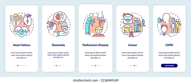 Illnesses to ask for palliative care onboarding mobile app screen. Help walkthrough 5 steps graphic instructions pages with linear concepts. UI, UX, GUI template. Myriad Pro-Bold, Regular fonts used