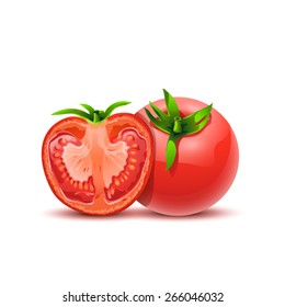 illstration of couple tomatoes on white. one half and full tomatoes