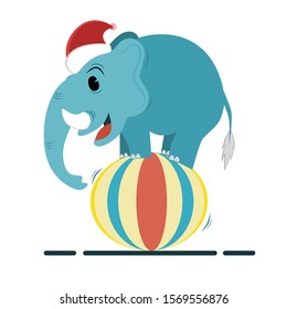 Illstration of an elephant wearing a Santa hat,balancing on a ball,celebrating Christmas,an elephant performing acrobatics