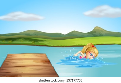 Illstration of a girl swimming at the beach with a diving board
