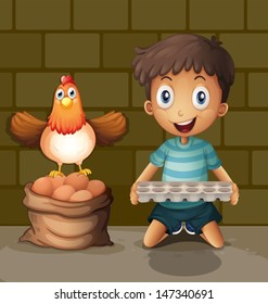 Illsutration of a chicken laying eggs beside the young boy with an egg tray