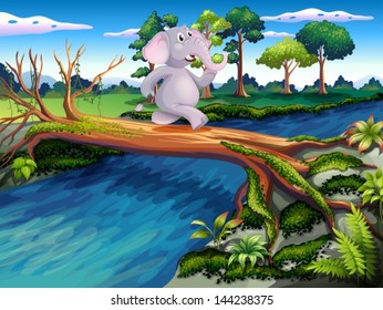 Illsutration of an elephant crossing a tree bridge