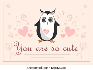 An illsutration of a funny little penguin with hearts on a light yellow background with some text. A greeting card for St. Valentine's Day.