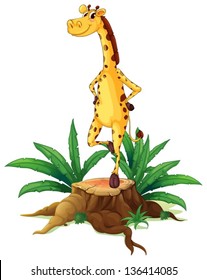 Ilustração de uma girafa em pé sobre uma madeira cortada sobre um fundo branco