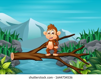 Illsutration of an monkey crossing a tree bridge