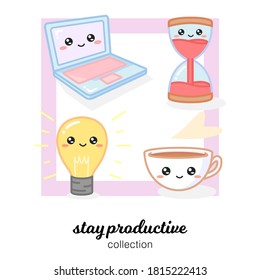 Illsutration vector graphic of laptop, coffee, lamp, and hourglass, with 'stay productive' text.