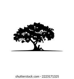 Gráfico vectorial de ilustración de personas de silueta leyendo libro bajo el diseño del logotipo del árbol