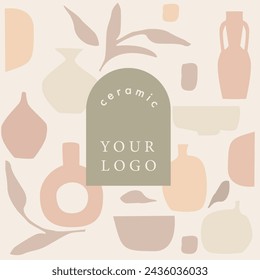 Illuatration of trendy vases with plants. There is space for logo and your text. Minimalist antique ceramic pottery for interior. Pattern for cover design, package, gift paper, background. 