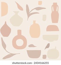 Illuatration of trendy vases with plants. Vector boho scandinavian style illustration. Minimalist antique ceramic pottery for interior. Pattern for cover design, package, 
gift paper, background