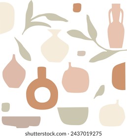 Illustration von trendigen Vasen mit Pflanzen. Vector boho skandinavische Stil Illustration. Minimalistische antike Keramik für den Innenraum. Muster für Deckengestaltung, Verpackung, 
Geschenkpapier, Hintergrund