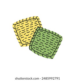 Illuatration of two organic sponges. Eco-friendly cleaning products. Different brushes. Organic natural ecological cleaner. Green housework stuff, clean home supplies. Flat graphic vector illustration