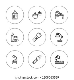 Illuminate icon set. collection of 9 outline illuminate icons with candle, desk lamp icons. editable icons.
