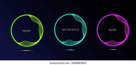 illuminate light frame collection design. Abstract cosmic vibrant color circle border. Top view futuristic style. Set of glowing neon lighting isolated on black background