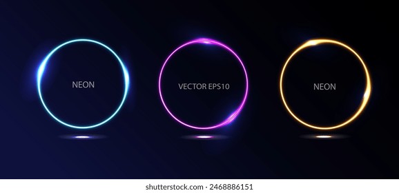 illuminate light frame collection design. Abstract cosmic vibrant color circle border. Top view futuristic style. Set of glowing neon lighting isolated on black background