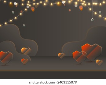 Illuminate Lighting Garland with Star and Hearts Shape Decorate on Grey Background and Space for Your Message as a Happy Valentine's Day.