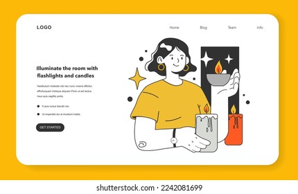 Illuminate the room with flashlights and candles in emergency situation. Energy crisis, how to live in conditions of limited energy resources. Public utilities turning off. Flat vector illustration