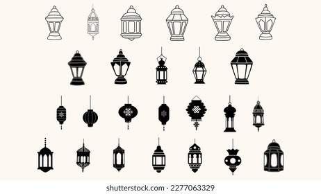 Illuminate your design projects with this set of 25 black silhouette lantern symbols vector illustration. Perfect for creating eye-catching designs for festivals, events, and celebrations.