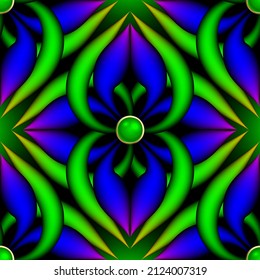 Flores 3d iluminadas con un patrón sin fisuras. Fondo de neón verde brillante en 3d. Repetir el fondo vectorial de luminosidad de resplandor. Ornamentos brillantes de moda con flores de neón, botones 3d, fractales. Textura sin fin.