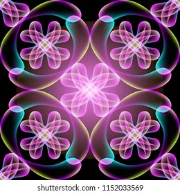 Illuminated abstact colorful vector seamless pattern. Geometric ornamental glowing background. Floral shiny ornament with multicolor Paisley flowers. Decorative patterned luxury design. Modern texture