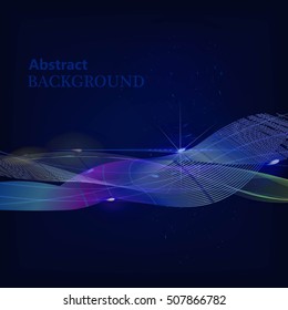 Illuminated abstract digital neon wave of glowing particles and Flare lens light effect. Futuristic vector illustration of particles. Abstract background