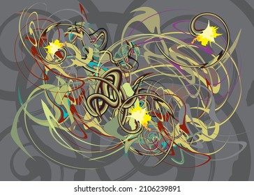 Illuminated abstrastion for backgrounds and textures. Plant elements, twisted lines on a dark gray background for wallpaper, prints, textiles, fashion trends, fabric products, interior solutions, etc.