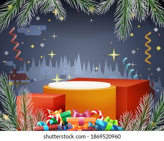 Illuminated advertising stand new year light gift box christmas winter night vector Illustration