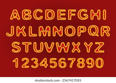 Illuminated alphabet and number set in marquee style with glowing lights on a red background. Bold decorative typography for design and poster.