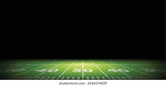 Illuminated American football field on a black background. Realistic illustration.