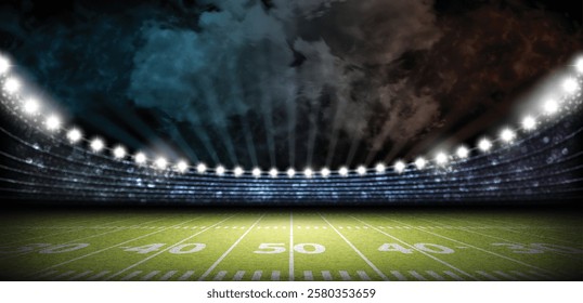 Illuminated American football field on a black background. Realistic illustration.