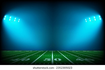 Illuminated american football stadium with projectors. 3d vector illustration
