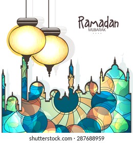 Illuminated Arabic hanging lanterns with creative shiny mosque for Islamic holy month of prayers, Ramadan Kareem celebration.