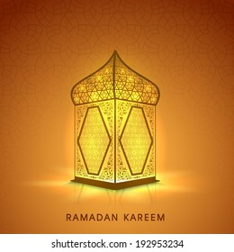 Illuminated arabic lamp or lantern design on shiny brown background for holy month of muslim community Ramadan Kareem. 