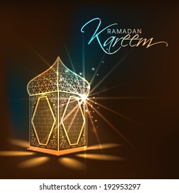 Illuminated arabic lamp or lantern design on shiny brown background for holy month of muslim community Ramadan Kareem. 