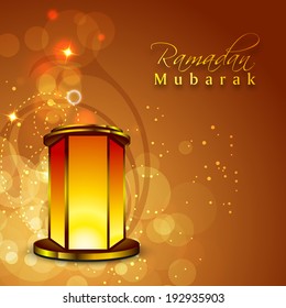 Illuminierte arabische Lampe oder Laterne auf glänzendem braunem Hintergrund, Grußkartendesign aus Anlass der muslimischen Gemeinschaft heiligen Monat Ramadan Kareem.